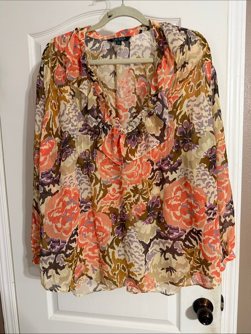 Lauren Ralph Lauren Coral, Cream & Purple Floral Ruffle Blouse